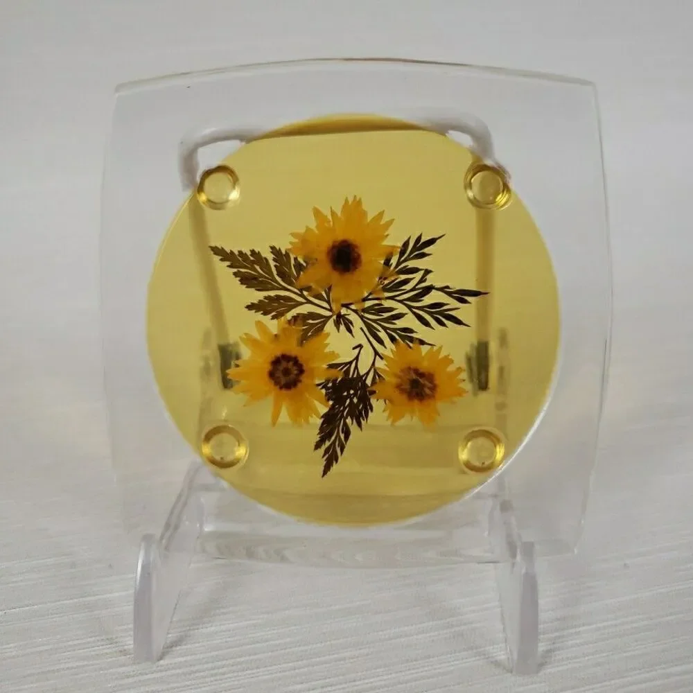 VTG 5 Clear Lucite Acrylic Coasters Pressed Flowers Clover Romantic Cottage MCM